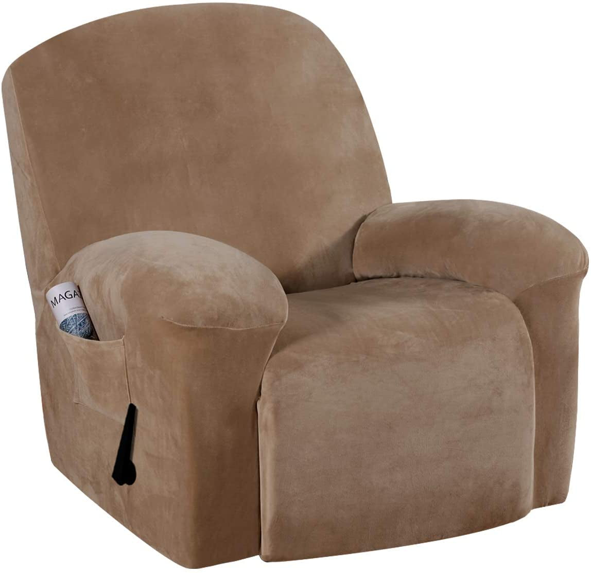 Recliner Chair Cover Velvet Plush 1-Piece Recliner Covers for Large Recliner, Soft Thick Luxury Velvet Furniture Protector with Elastic Bottom, Anti-Slip Foams Attached (Recliner, Grey)