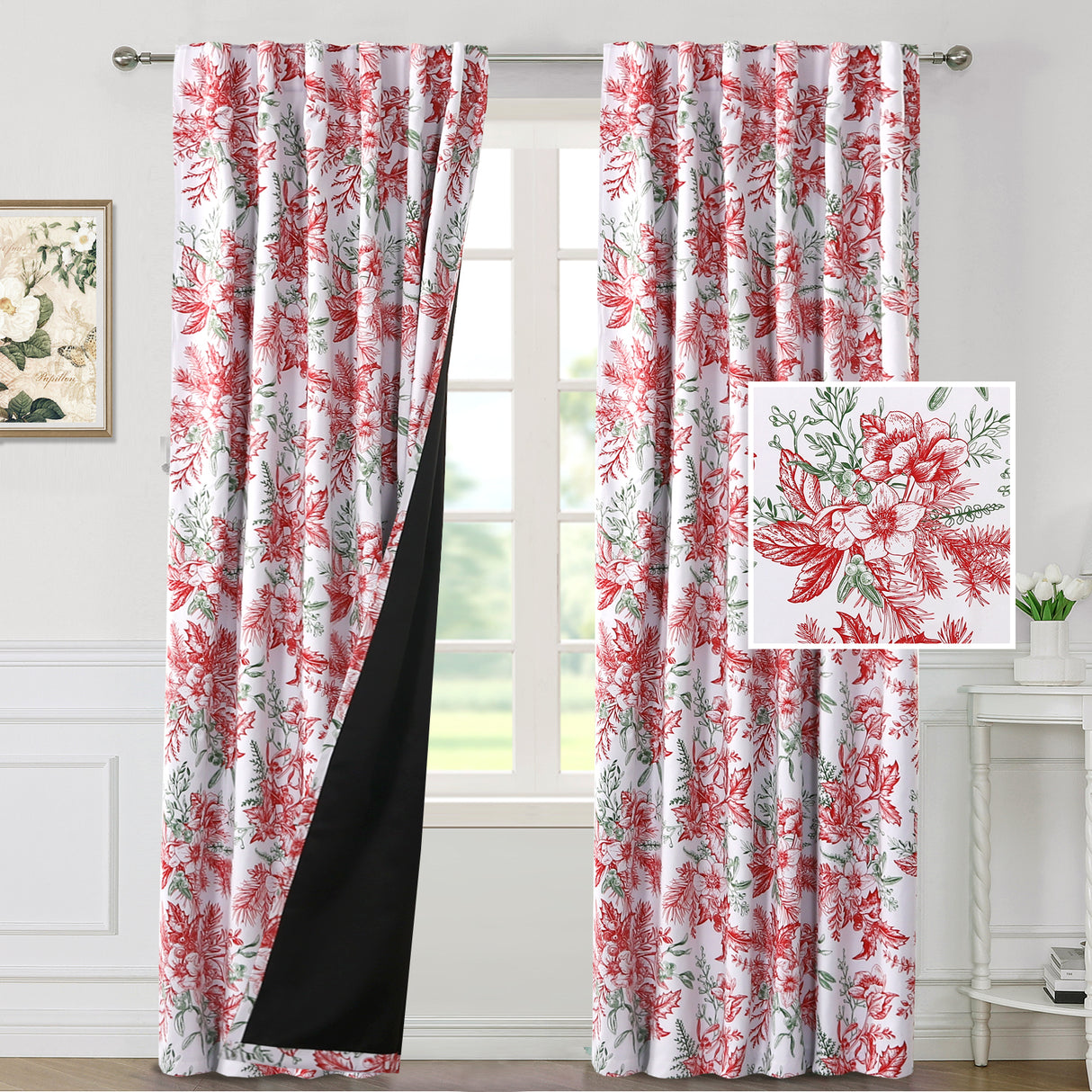 Black Back Printed Floral Curtain