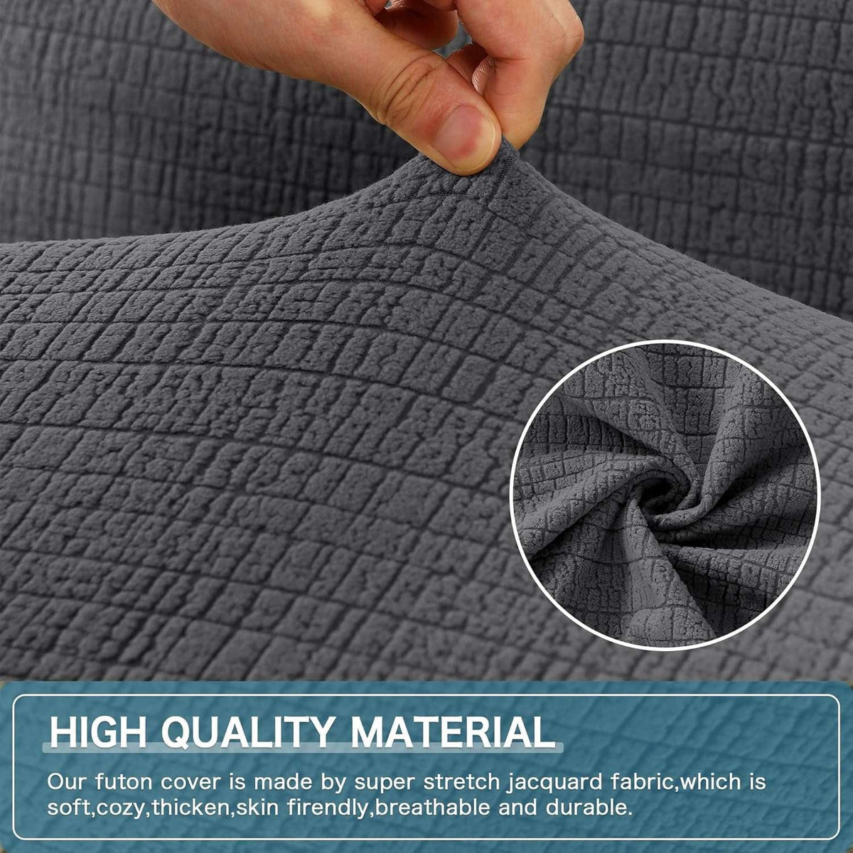 H.VERSAILTEX 100% Waterproof Jacquard Stretch Futon Slipcover Non-Slip Armless Sofa Cover Washable Furniture Protector with Elastic Bottom for Kids and Pets, Grey