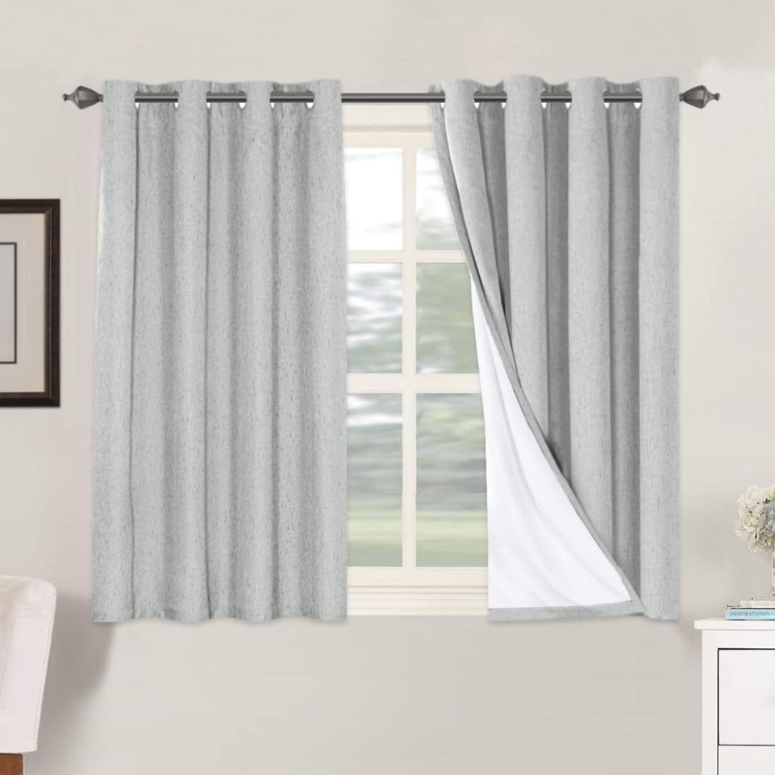 Linen Blackout Thermal Insulated  White Liner Grommet Top Curtains