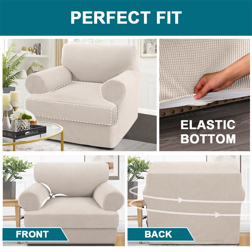 H.VERSAILTEX 2 Pieces Checkerboard Slipcovers Stretch with Individual T Cushion Coverfor Living Room(1 Cushion Armchair, Ivory)