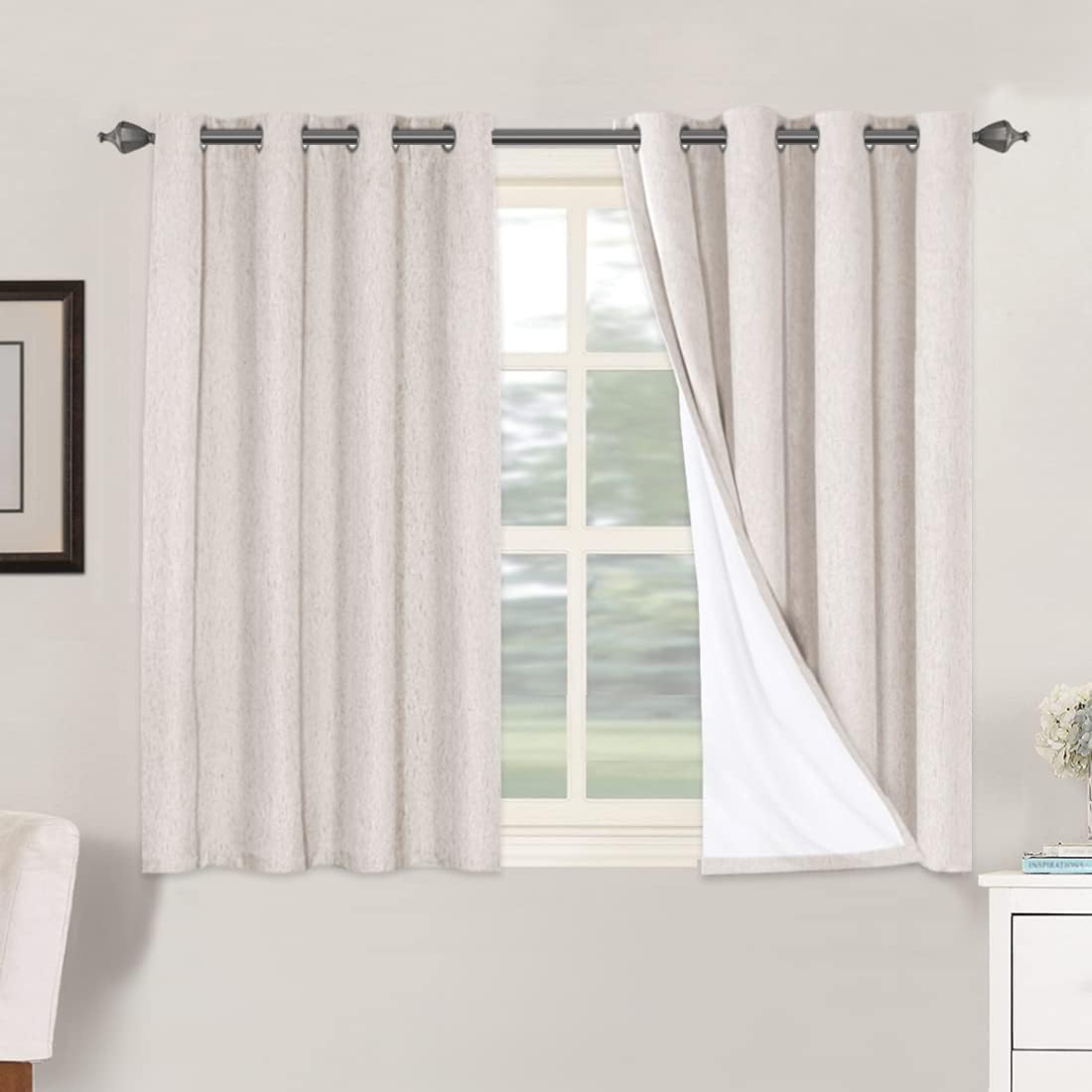 Linen Blackout Thermal Insulated  White Liner Grommet Top Curtains