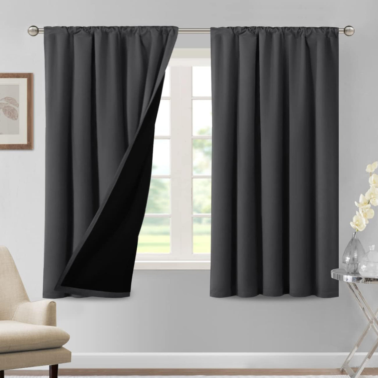 H.VERSAILTEX 100% Blackout Short Curtains for Bedroom Kitchen Privacy Energy Saving Curtain Tiers Set of 2