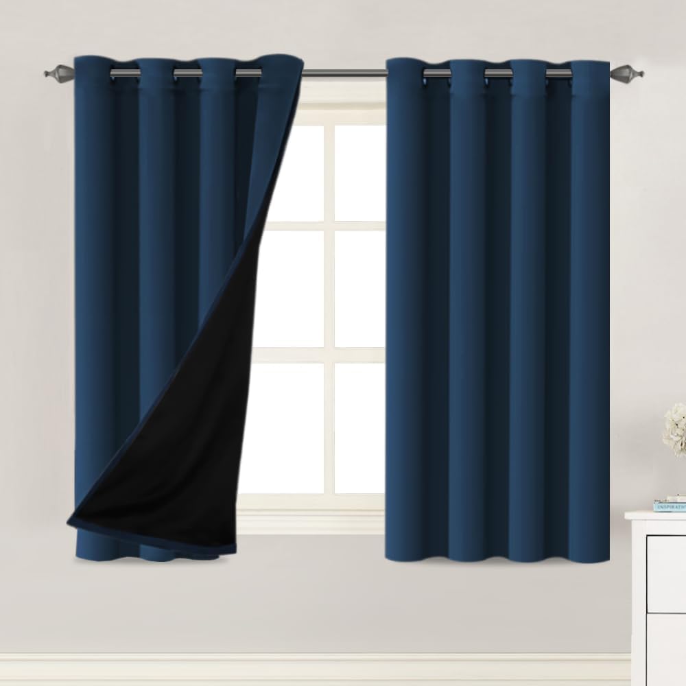 H.VERSAILTEX 100% Blackout Lined Curtains, 2 Thick Layers Completely Blackout Window Treatment Thermal Insulated Drapes for Kitchen/Bedroom (1 Pair, 52" Width x 63" Length Each Panel, Navy)