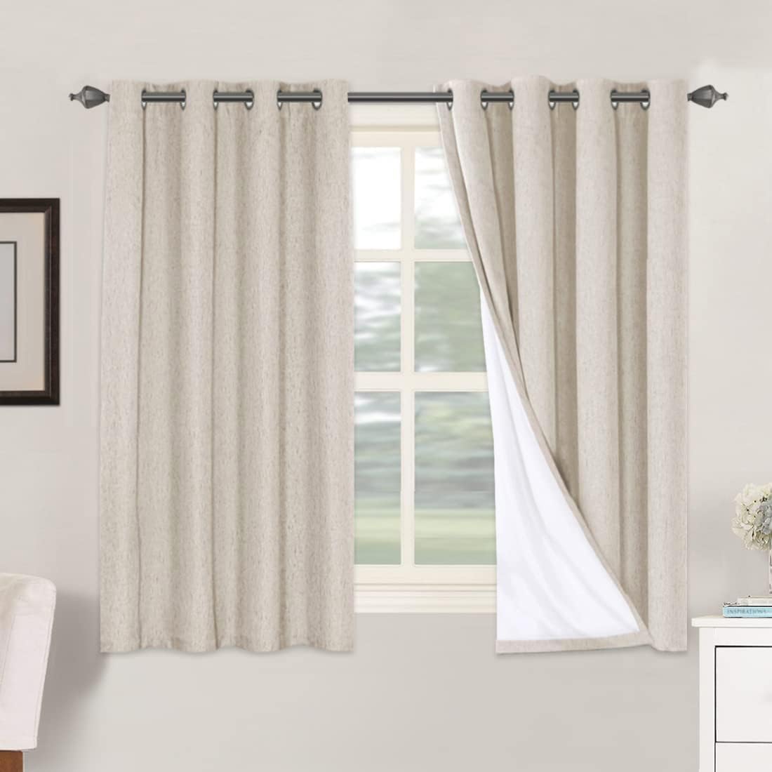 Linen Blackout Thermal Insulated  White Liner Grommet Top Curtains