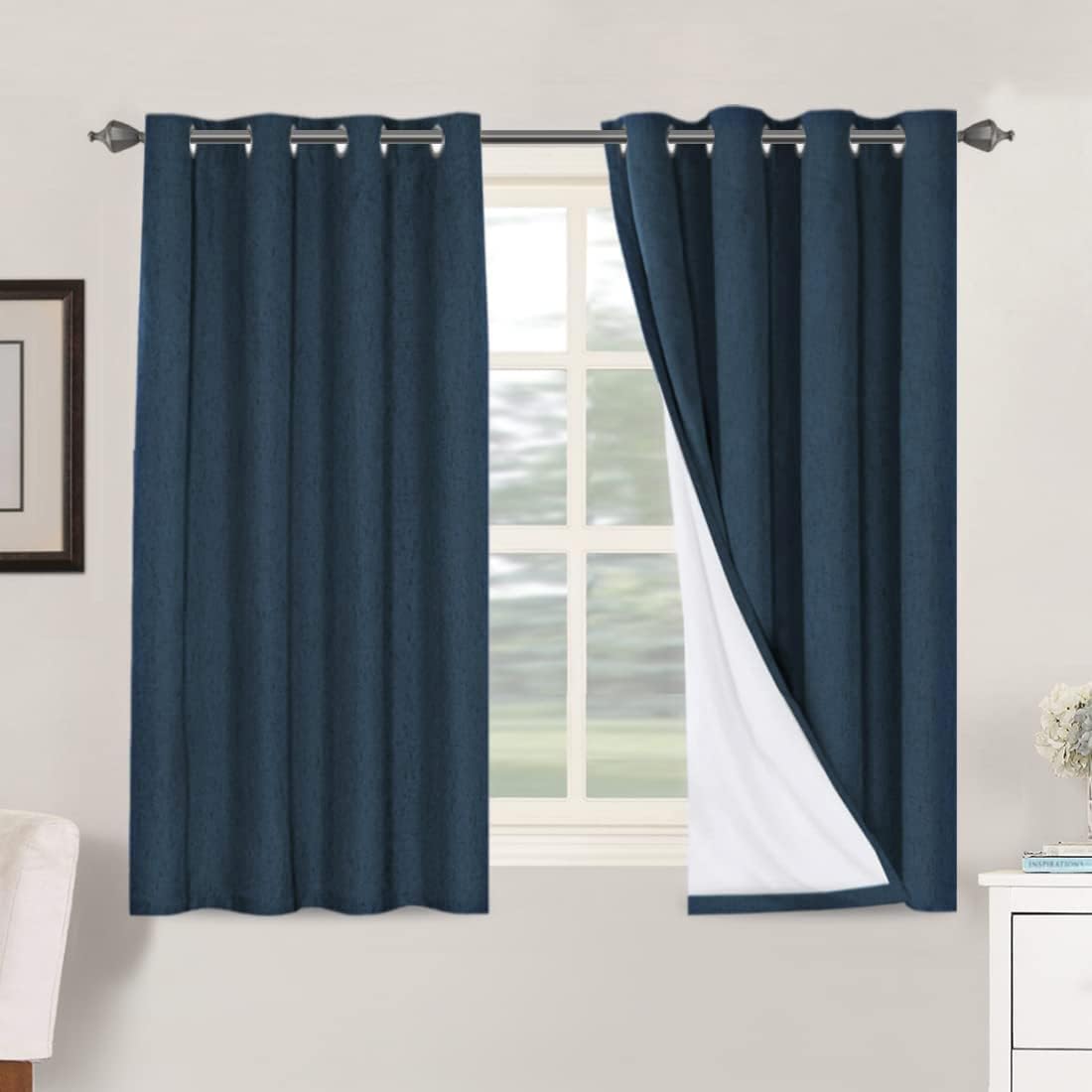 Linen Blackout Thermal Insulated  White Liner Grommet Top Curtains