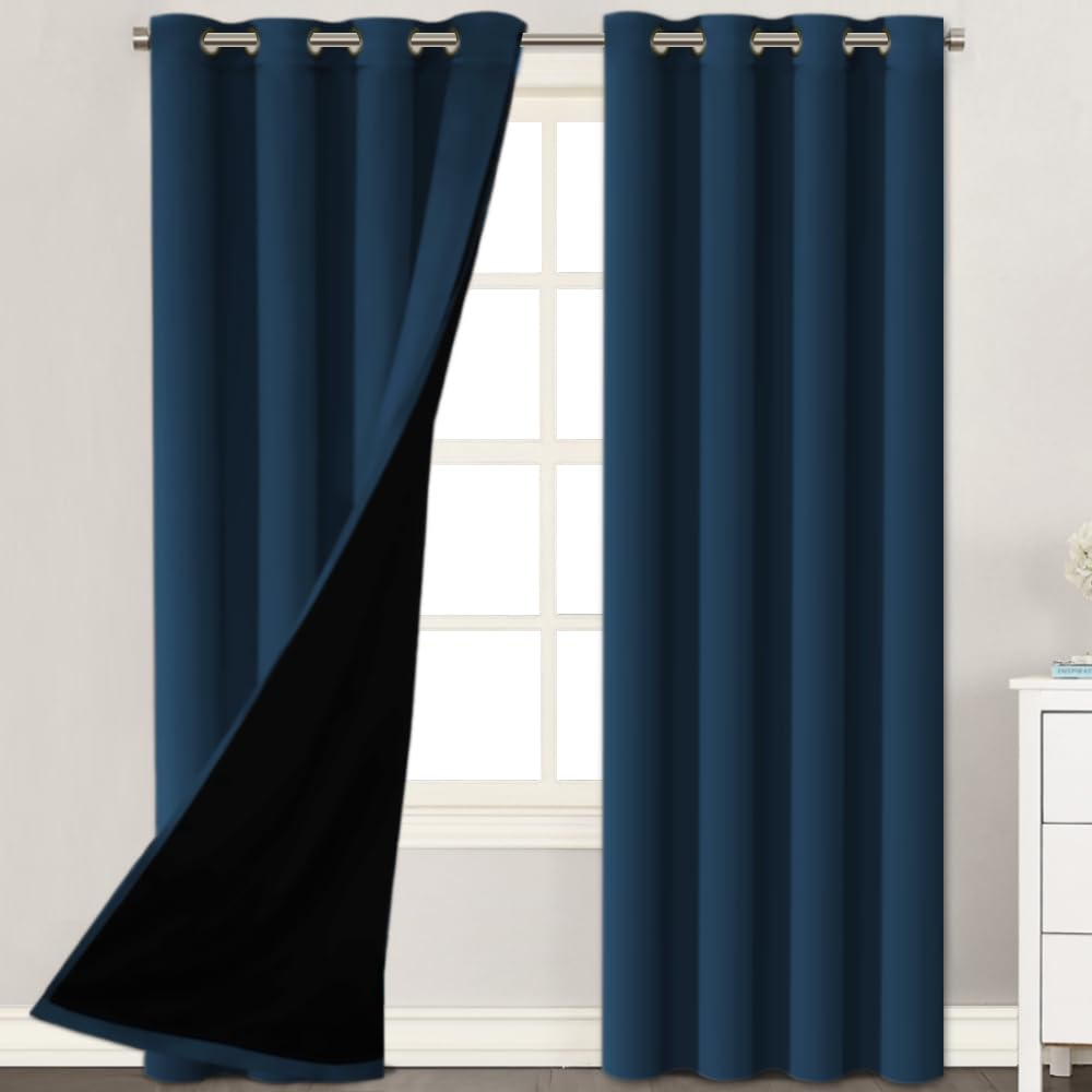 H.VERSAILTEX 100% Blackout Lined Curtains, 2 Thick Layers Completely Blackout Window Treatment Thermal Insulated Drapes for Kitchen/Bedroom (1 Pair, 52" Width x 63" Length Each Panel, Navy)