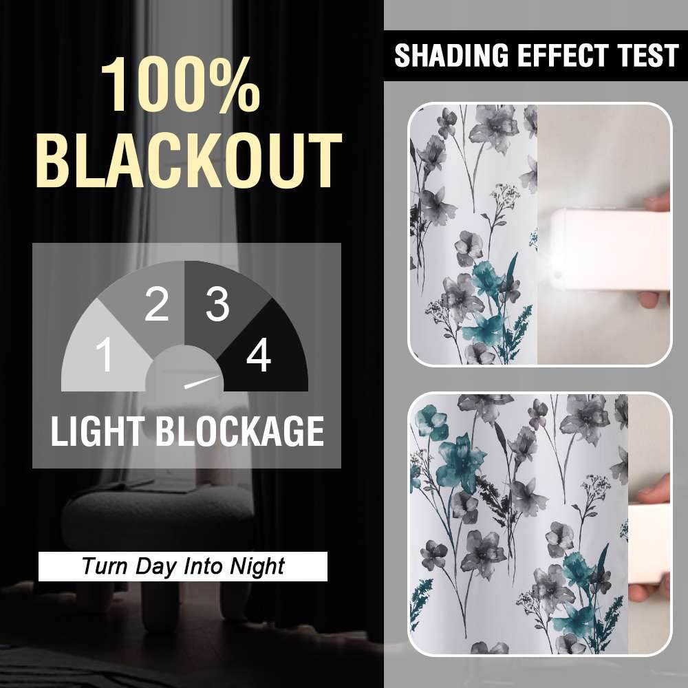 H.VERSAILTEX 100% Blackout Curtains Cattleya Floral Printed Drapes Leah Floral Thermal Bedroom Curtains for Living room with Black Liner 2 Panels,52" x 96",Grey/Teal