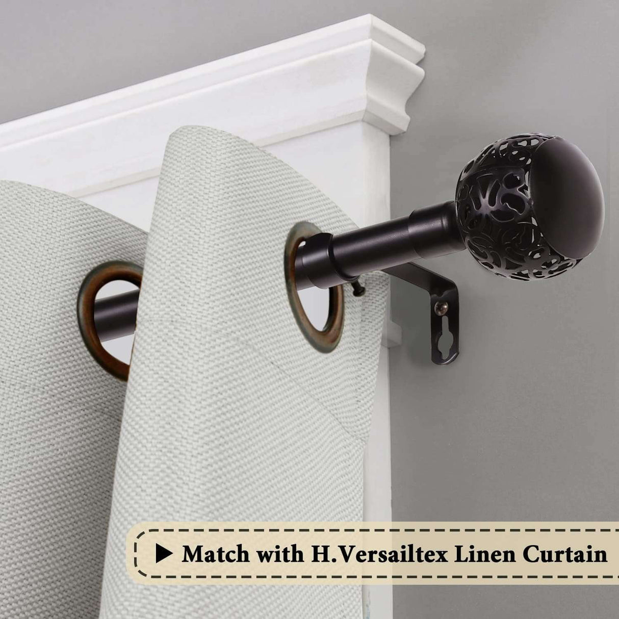H.VERSAILTEX Single Retractable Curtain Rod, 0.75 Inc Diameter, Bronze, Ball Finial, Adjustable 48-84 Inches