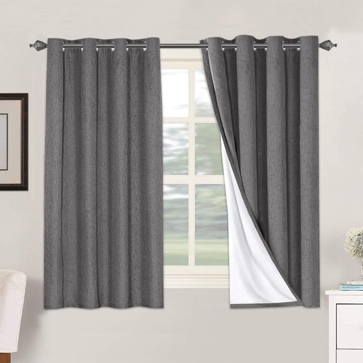 Linen Blackout Thermal Insulated  White Liner Grommet Top Curtains