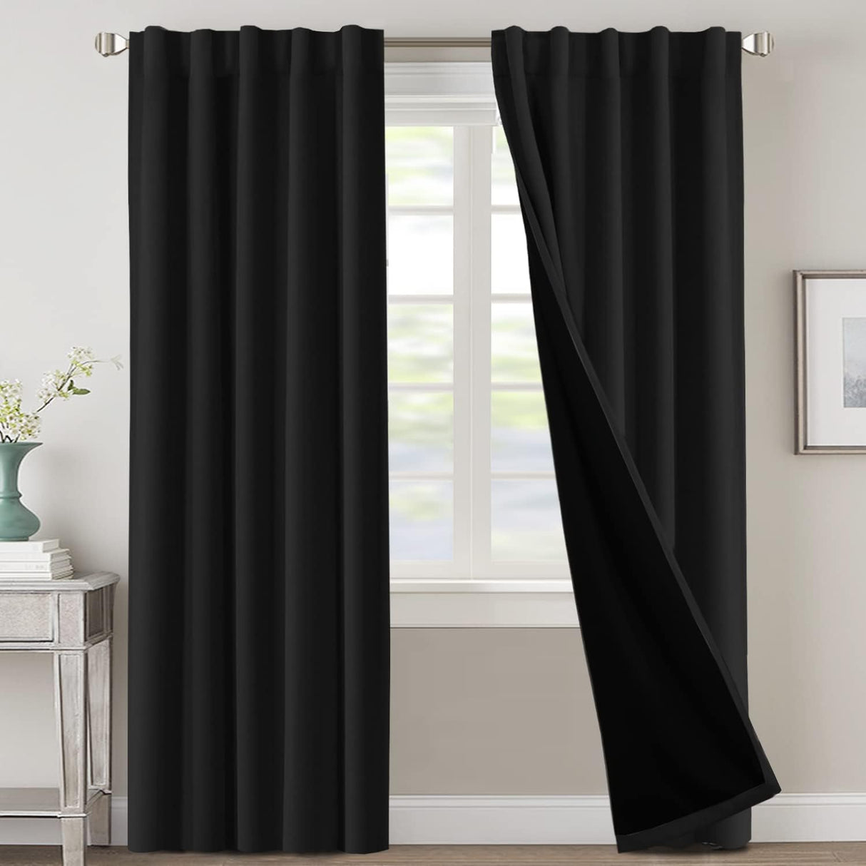 H.VERSAILTEX 100% Blackout Curtains for Bedroom with Black Liner Full Room Darkening Back Tab Rod Pocket 2 Panels