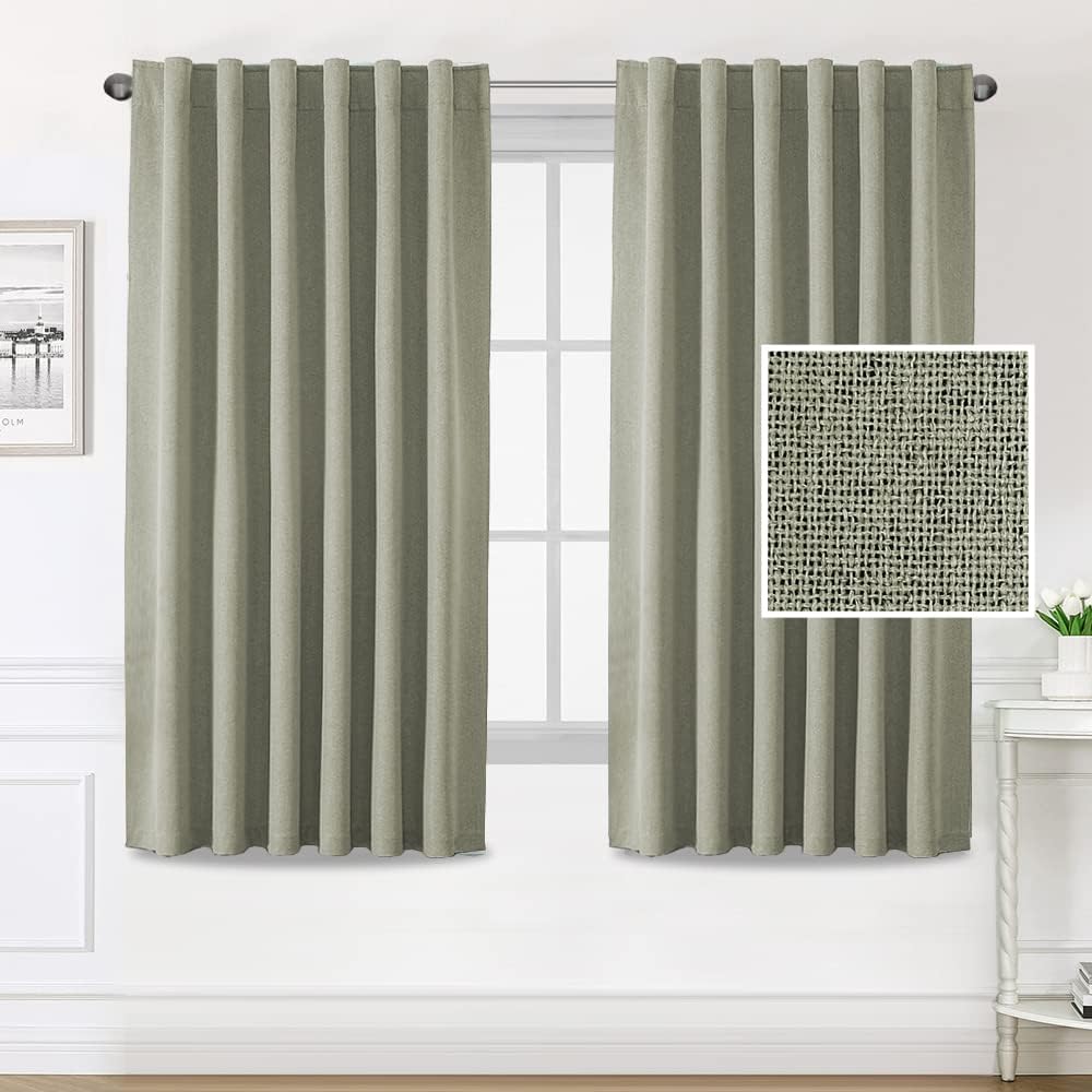 H.VERSAILTEX 100% Blackout Linen Look Curtains for Bedroom Double Face Linen Back Tab Loop Pocket Textured Burlap 2 Panels