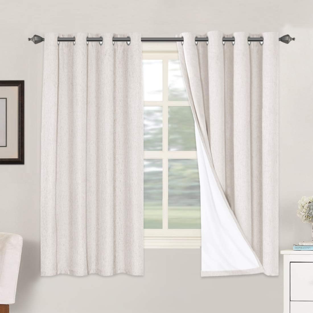 Linen Blackout Thermal Insulated  White Liner Grommet Top Curtains