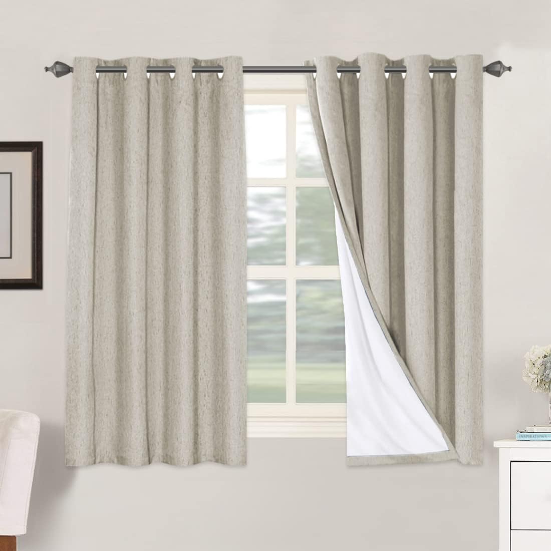 Linen Blackout Thermal Insulated  White Liner Grommet Top Curtains