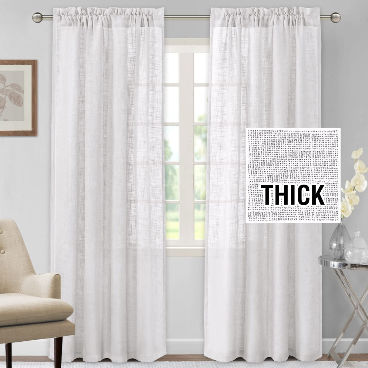 H.VERSAILTEX Linen Blended Curtains 84 Inches Long for Living Room and Bedroom - Light Filtering Rod Pocket, Burlap Textured, 2 Panel Sets, Stone Blue