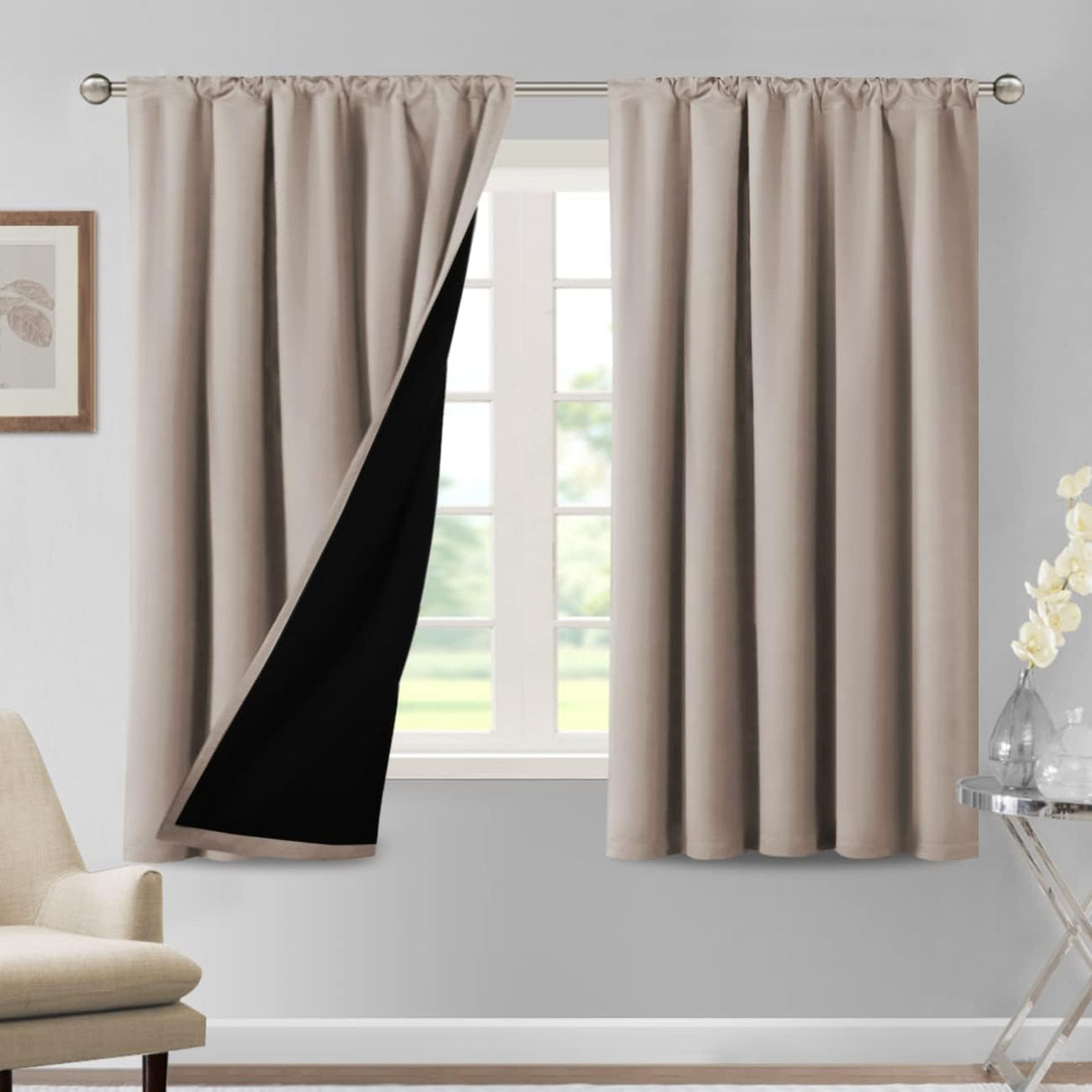 H.VERSAILTEX 100% Blackout Short Curtains for Bedroom Kitchen Privacy Energy Saving Curtain Tiers Set of 2
