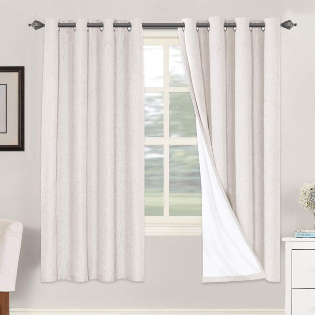 Linen Blackout Thermal Insulated  White Liner Grommet Top Curtains