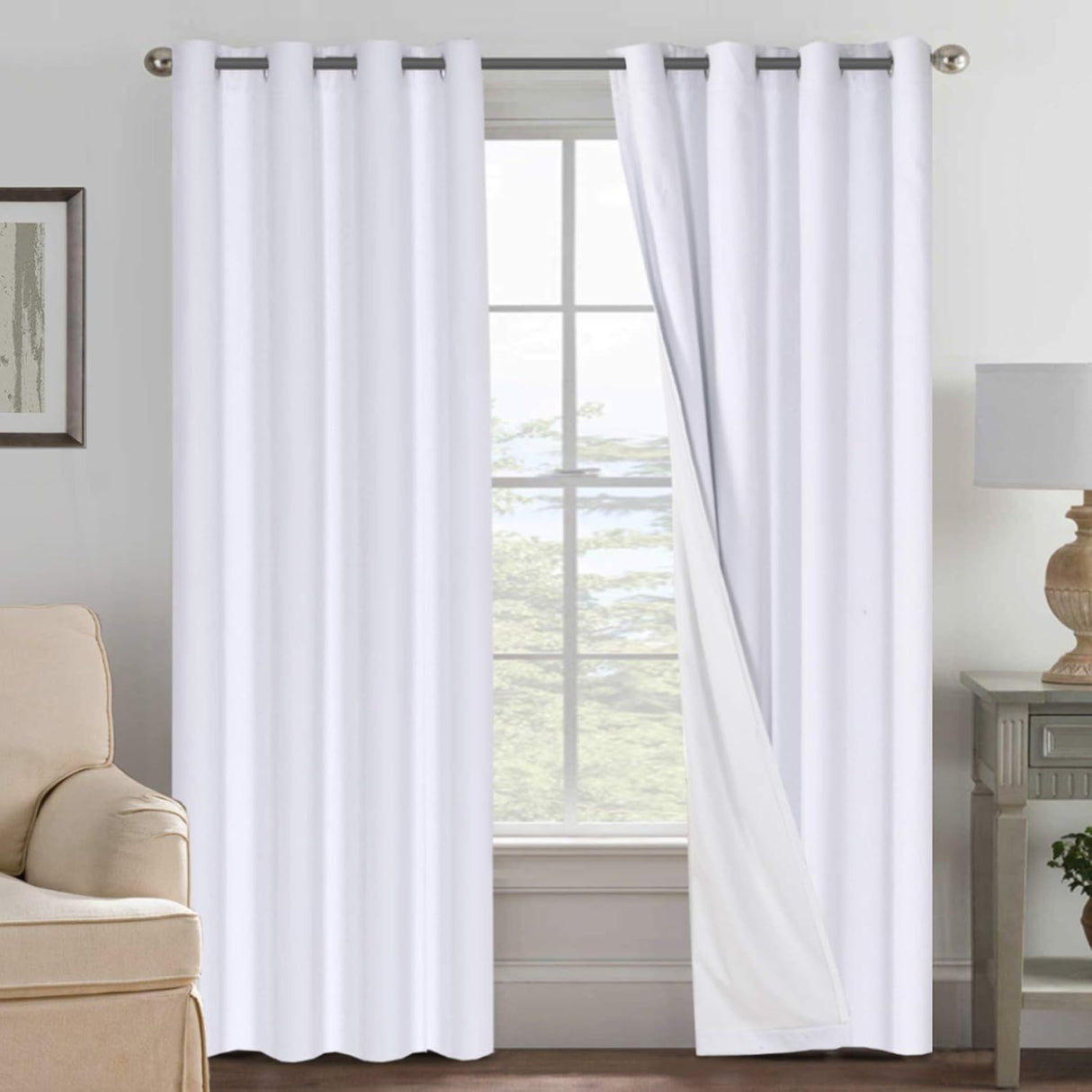 Linen Blackout Thermal Insulated  White Liner Grommet Top Curtains