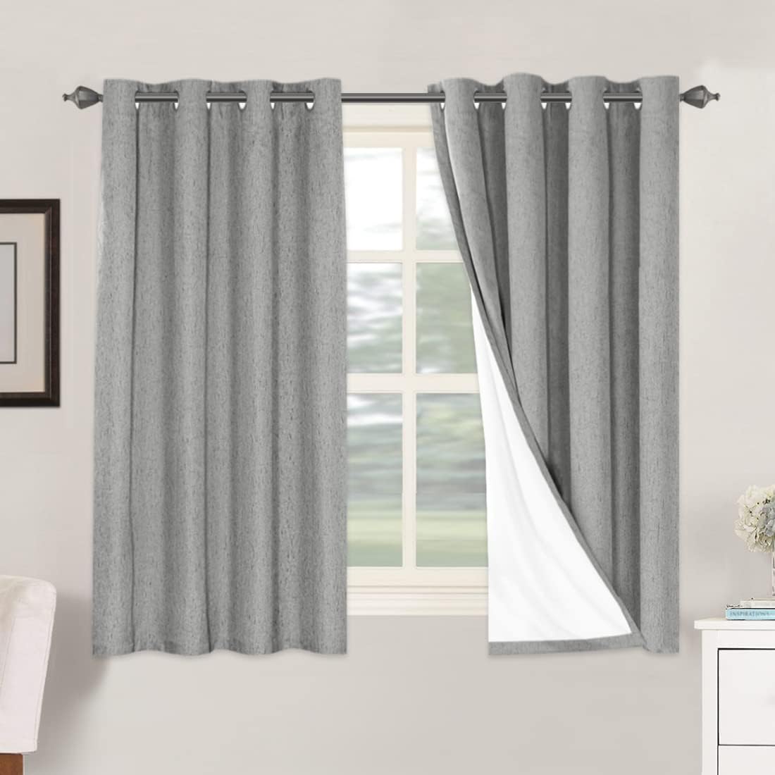 Linen Blackout Thermal Insulated  White Liner Grommet Top Curtains