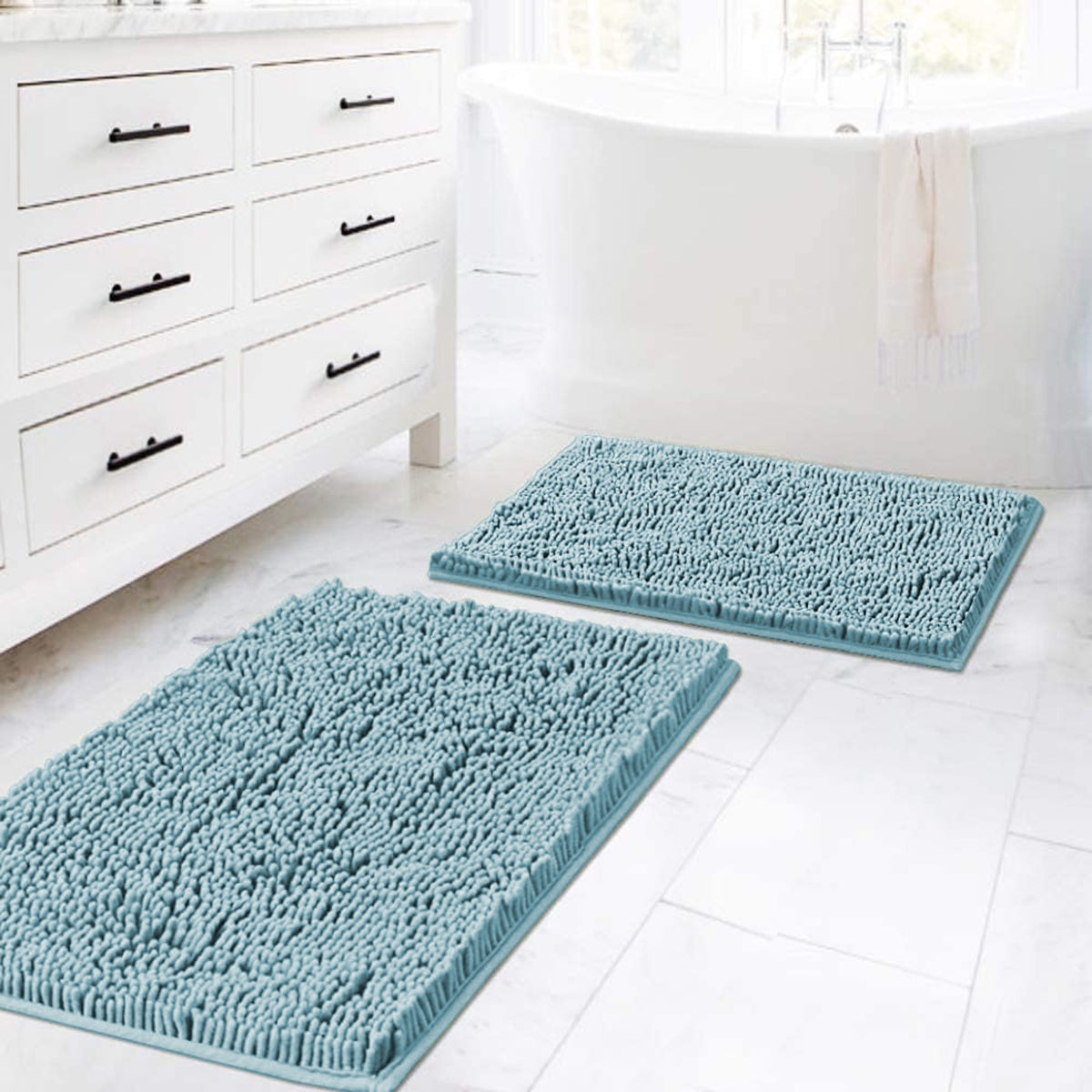 Bathroom Rugs Luxury Chenille Mat Set, Soft Plush Shower Rug + Toilet Mat, Microfiber Shaggy