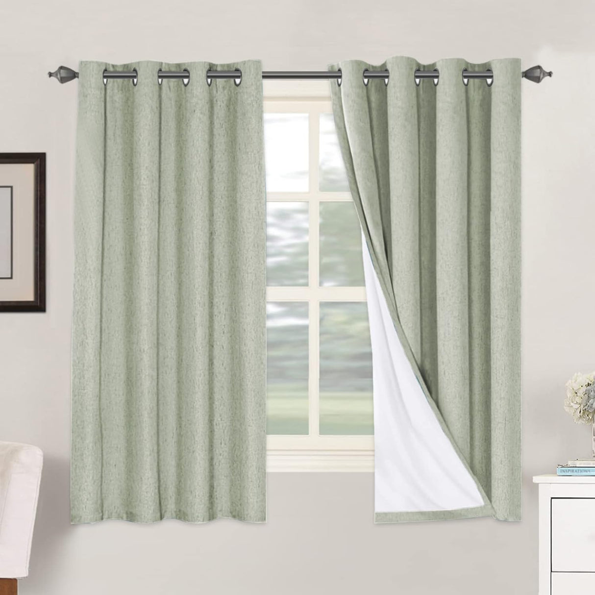Linen Blackout Thermal Insulated  White Liner Grommet Top Curtains