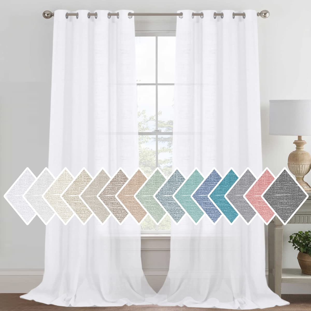 H.VERSAILTEX Linen Sheer Curtains 84 Inch Length Semi Sheer Curtains for Living Room Light Filtering Curtains, 2 Panels (52" W x 84" L, Sea Mist)