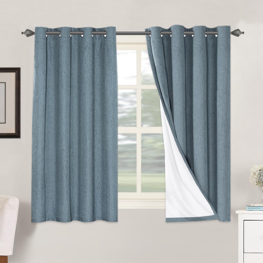 Linen Blackout Thermal Insulated  White Liner Grommet Top Curtains
