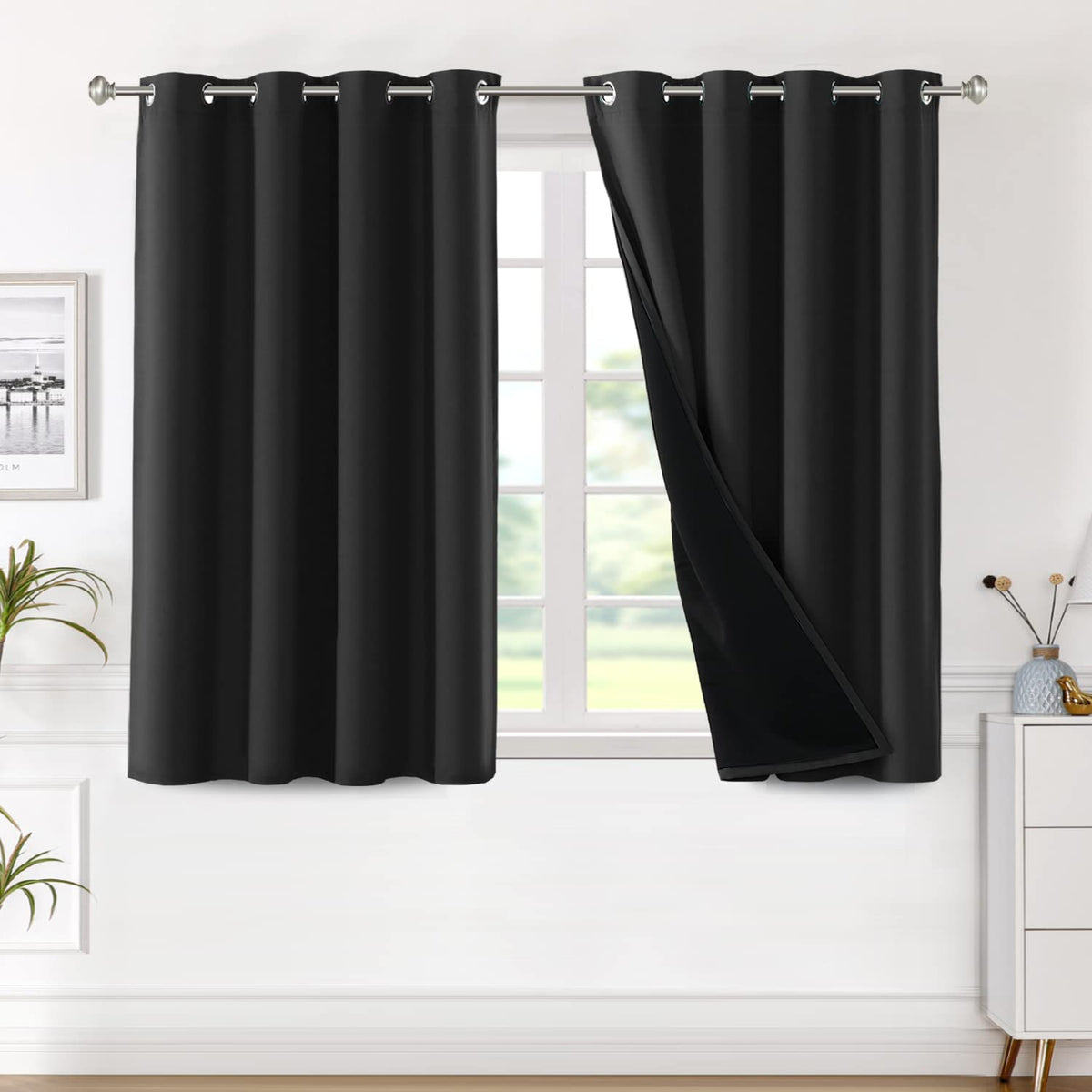 H.VERSAILTEX 100% Blackout Lined Curtains, 2 Thick Layers Completely Blackout Window Treatment Thermal Insulated Drapes for Kitchen/Bedroom (1 Pair, 52" Width x 63" Length Each Panel, Navy)