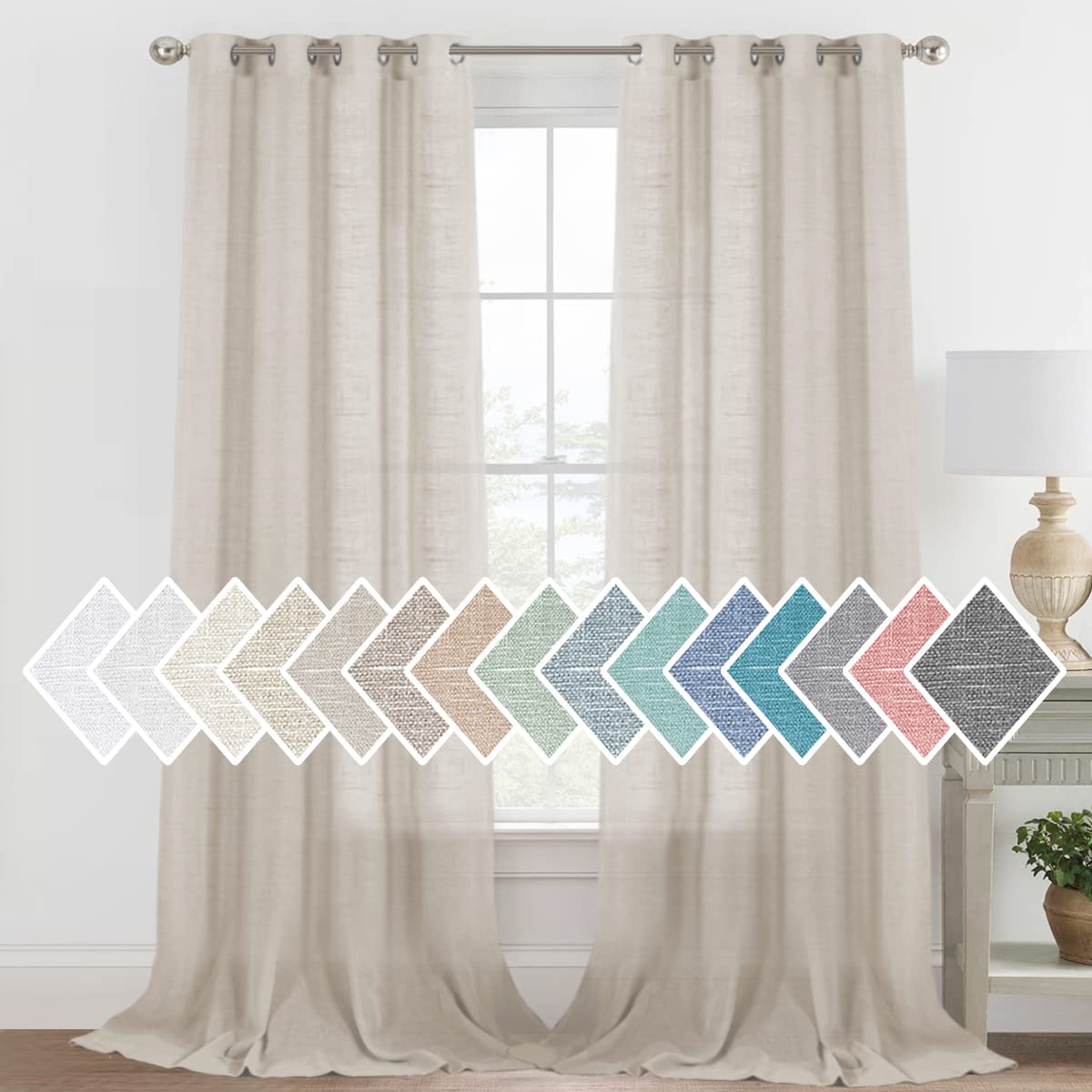 H.VERSAILTEX Linen Sheer Curtains 84 Inch Length Semi Sheer Curtains for Living Room Light Filtering Curtains, 2 Panels (52" W x 84" L, Sea Mist)