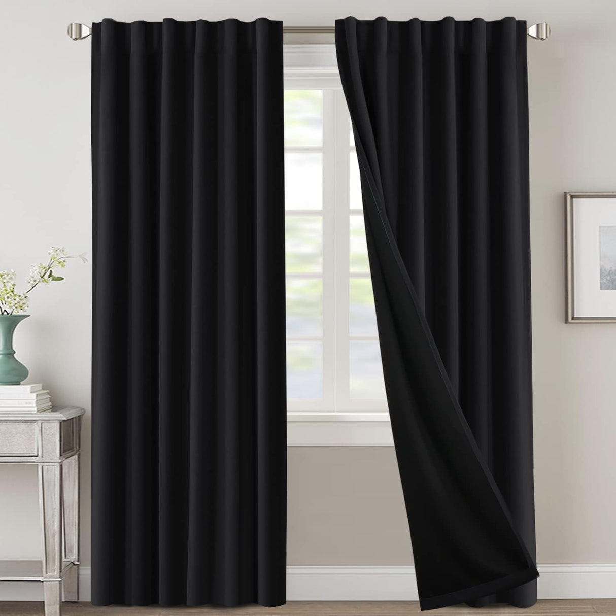 H.VERSAILTEX 100% Blackout Curtains for Bedroom with Black Liner Full Room Darkening Back Tab Rod Pocket 2 Panels