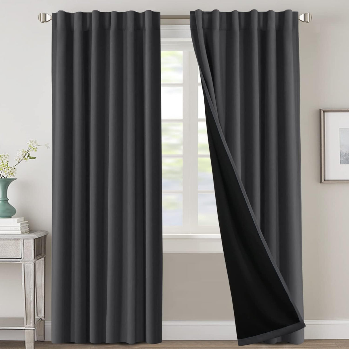 H.VERSAILTEX 100% Blackout Curtains for Bedroom with Black Liner Full Room Darkening Back Tab Rod Pocket 2 Panels