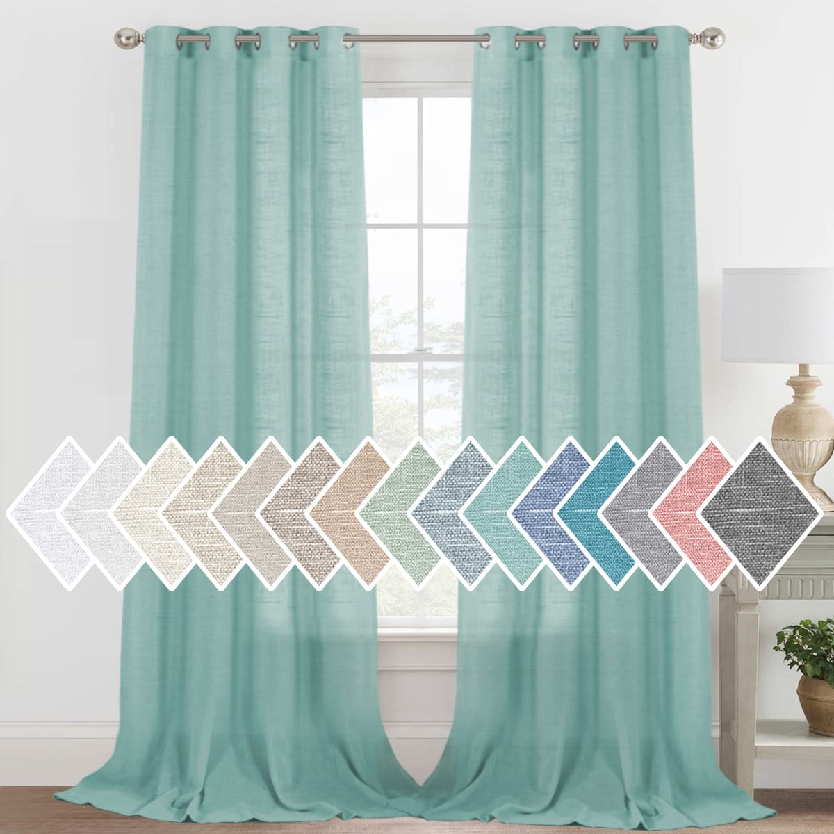 H.VERSAILTEX Linen Sheer Curtains 84 Inch Length Semi Sheer Curtains for Living Room Light Filtering Curtains, 2 Panels (52" W x 84" L, Sea Mist)