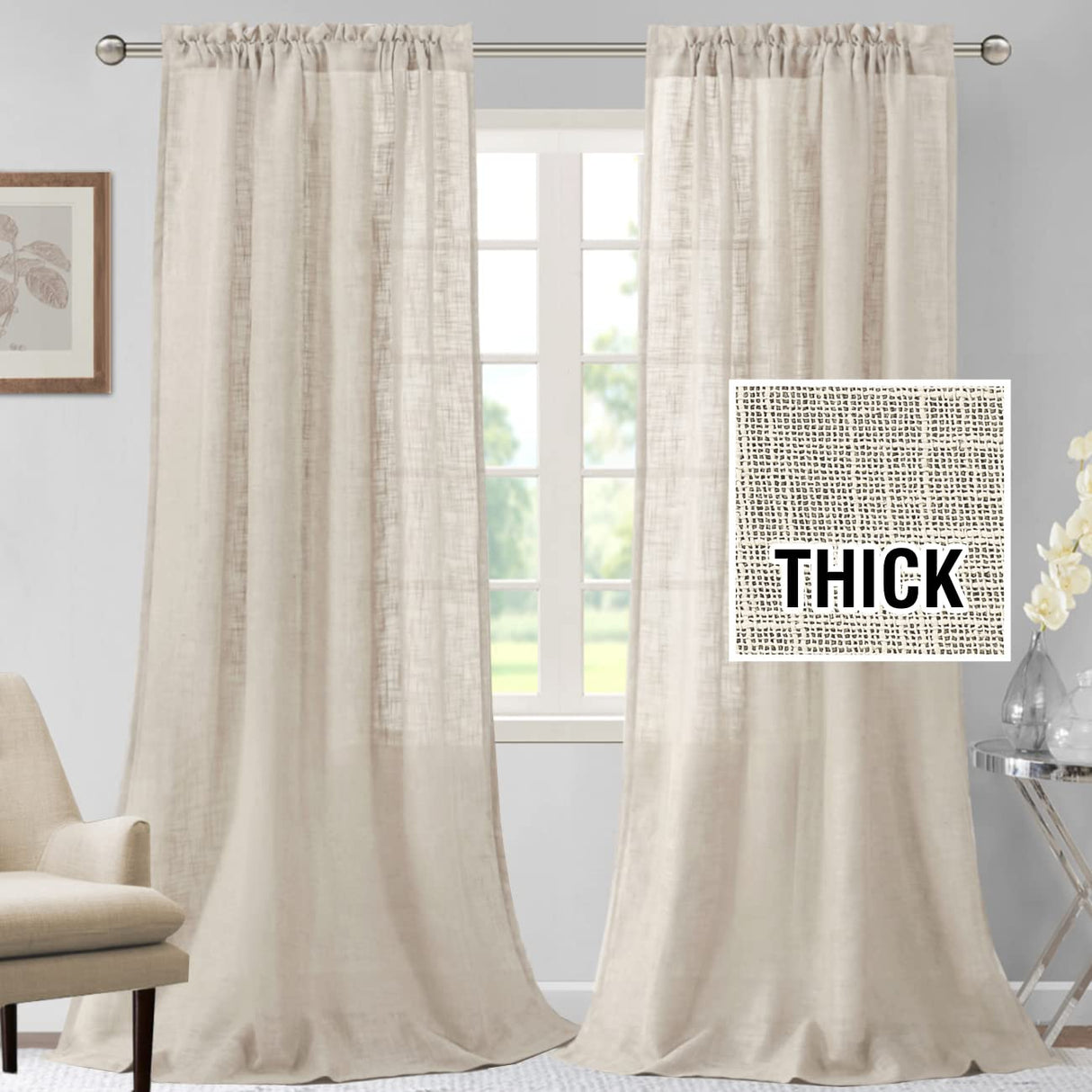 H.VERSAILTEX Linen Blended Curtains 84 Inches Long for Living Room and Bedroom - Light Filtering Rod Pocket, Burlap Textured, 2 Panel Sets, Stone Blue