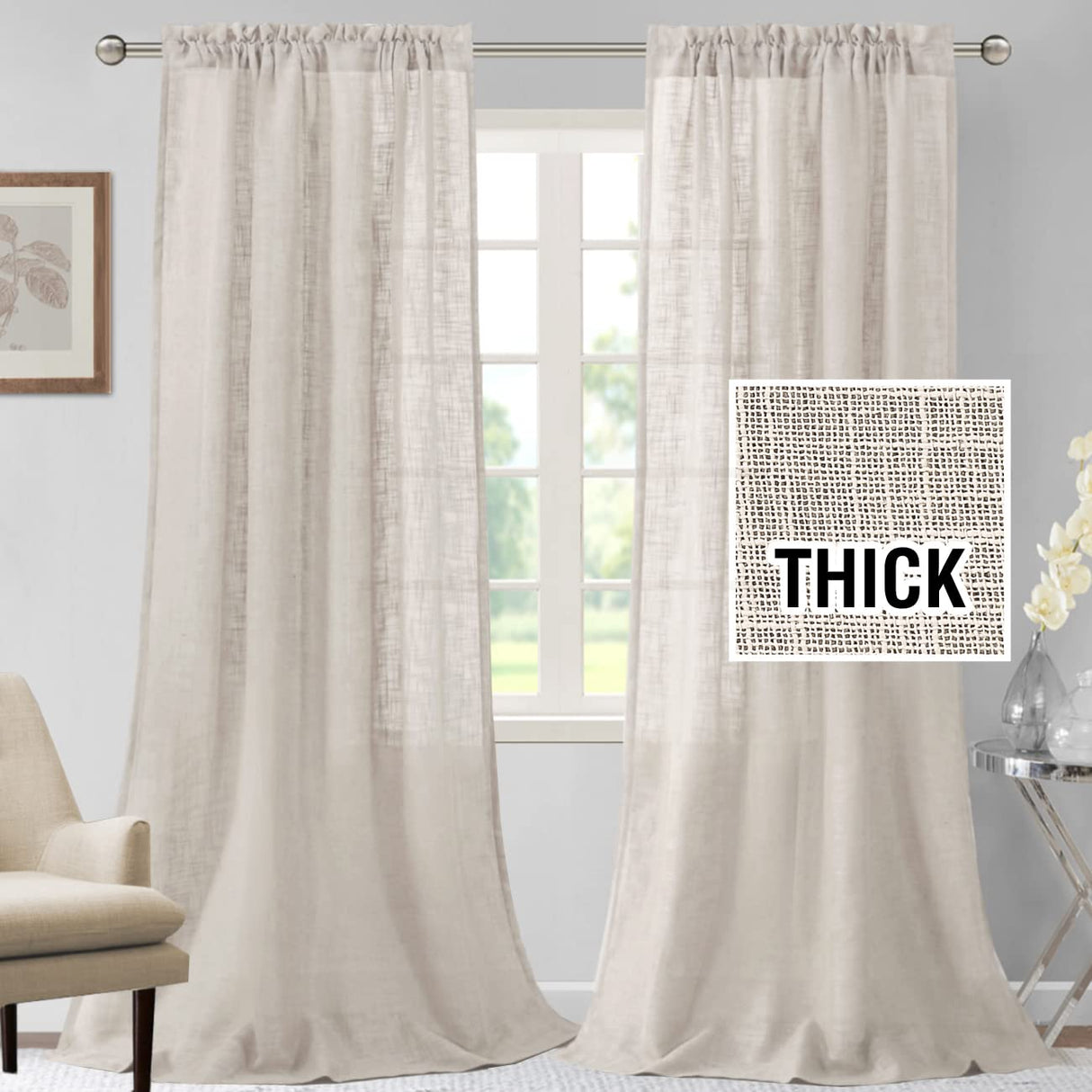 H.VERSAILTEX Linen Blended Curtains 84 Inches Long for Living Room and Bedroom - Light Filtering Rod Pocket, Burlap Textured, 2 Panel Sets, Stone Blue