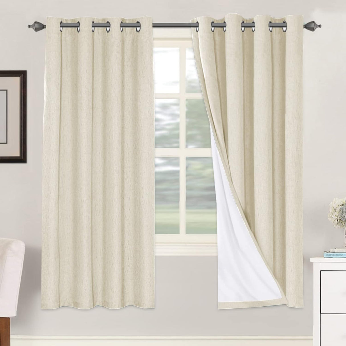 Linen Blackout Thermal Insulated  White Liner Grommet Top Curtains