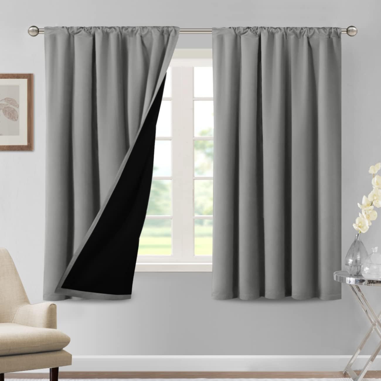 H.VERSAILTEX 100% Blackout Short Curtains for Bedroom Kitchen Privacy Energy Saving Curtain Tiers Set of 2