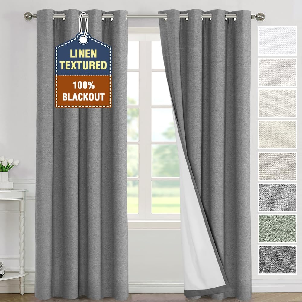H.VERSAILTEX Linen 100% Blackout Drapes Full Coverage Heat Blocking Curtains for Bedroom
