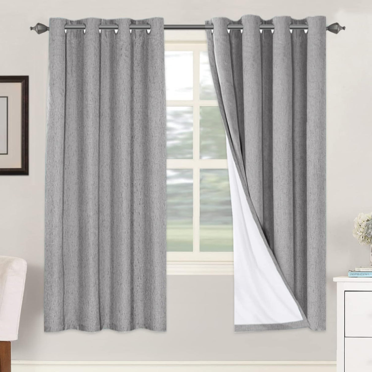 Linen Blackout Thermal Insulated  White Liner Grommet Top Curtains