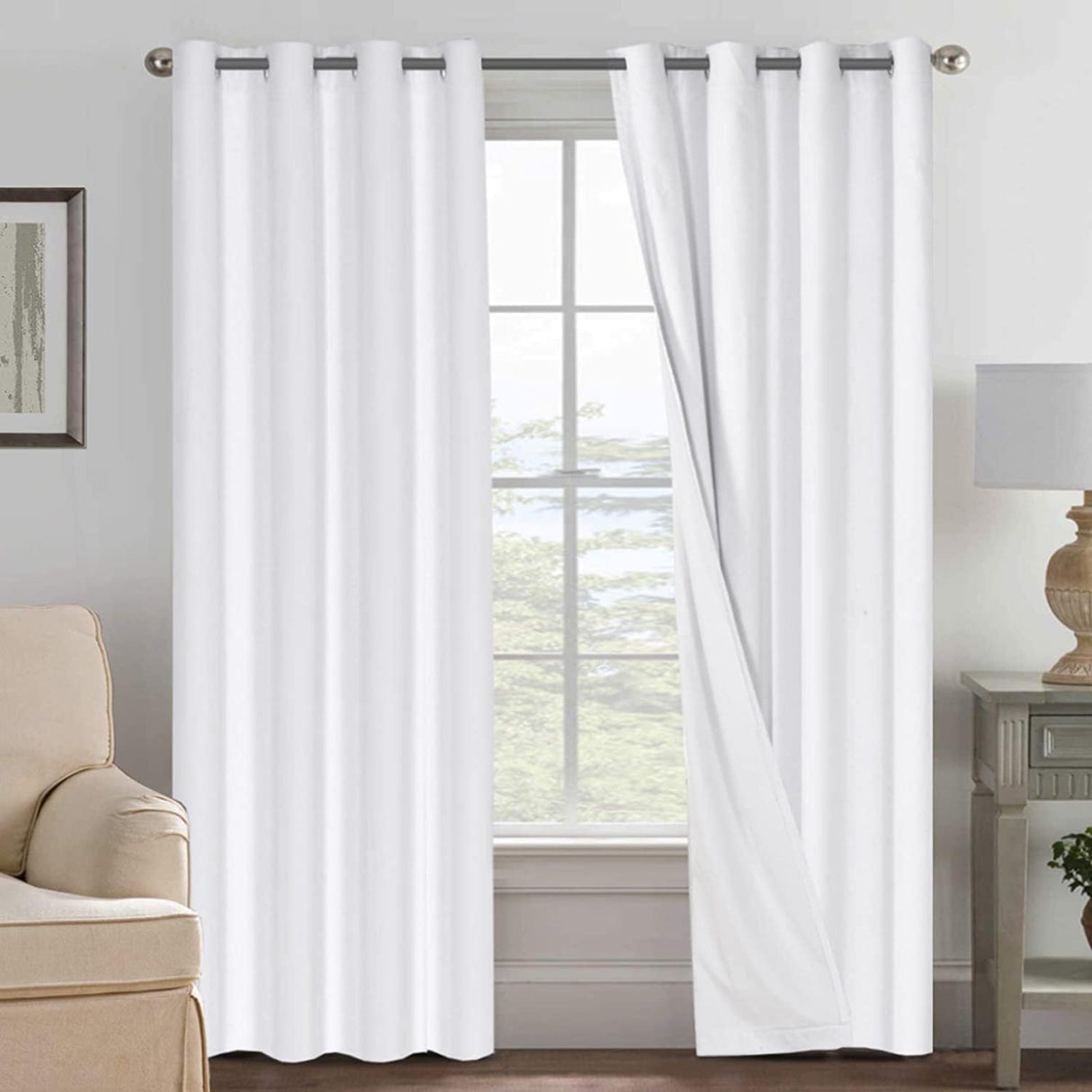 Linen Blackout Thermal Insulated  White Liner Grommet Top Curtains