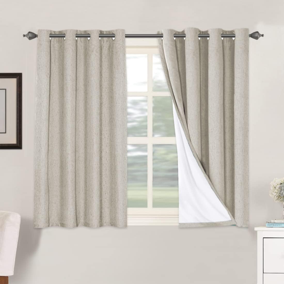 Linen Blackout Thermal Insulated  White Liner Grommet Top Curtains