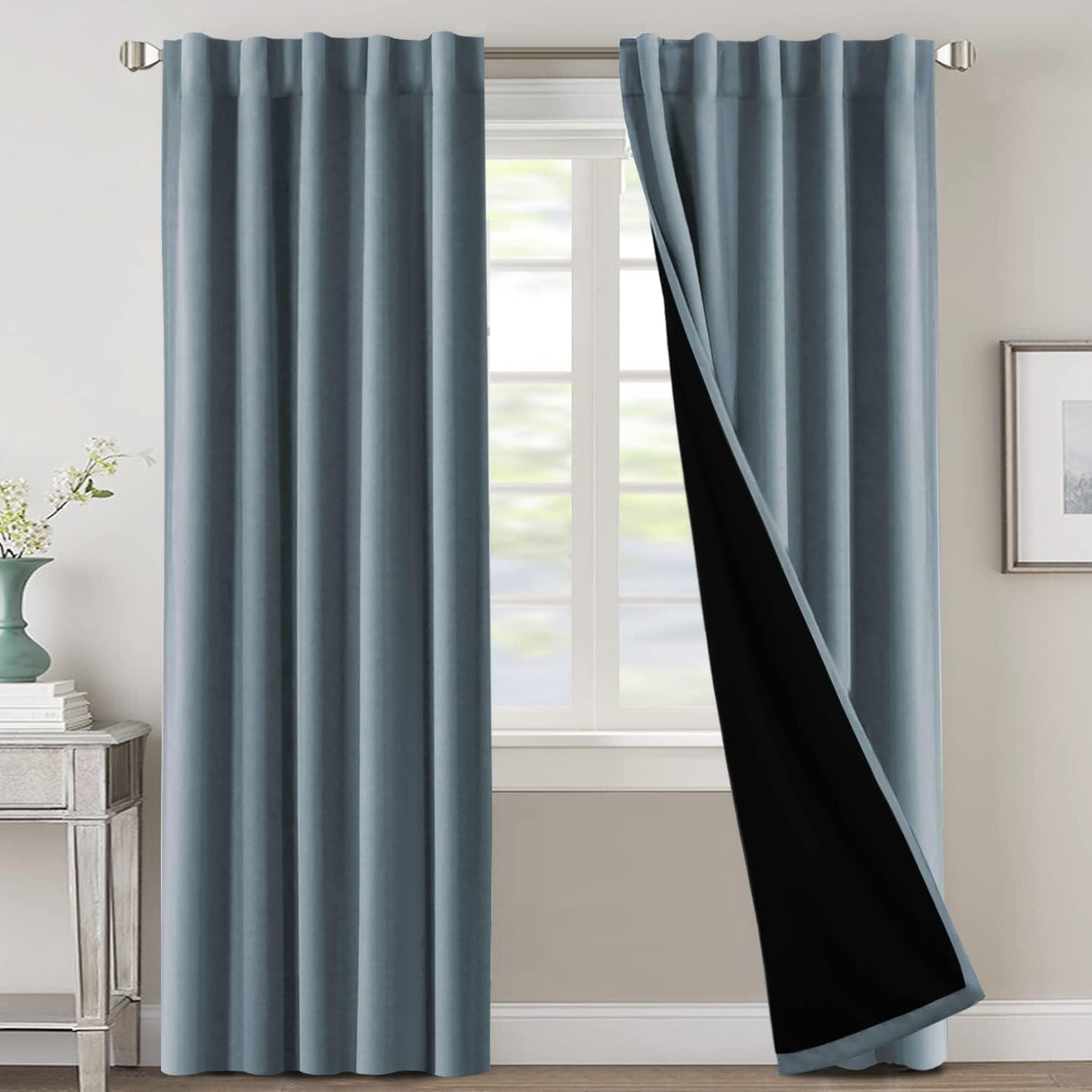 H.VERSAILTEX 100% Blackout Curtains for Bedroom with Black Liner Full Room Darkening Back Tab Rod Pocket 2 Panels