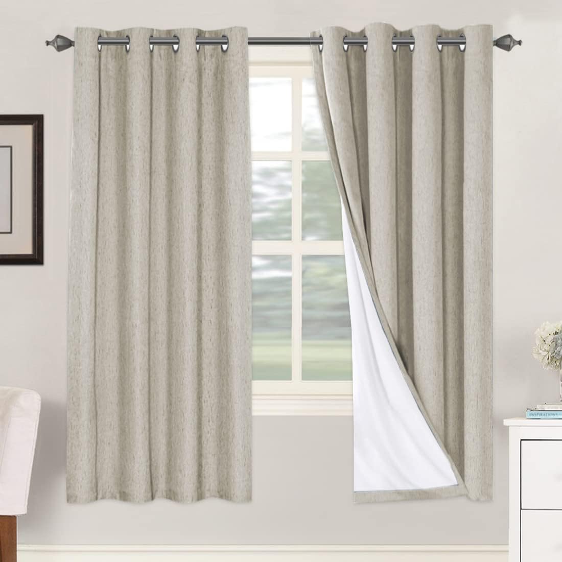Linen Blackout Thermal Insulated  White Liner Grommet Top Curtains
