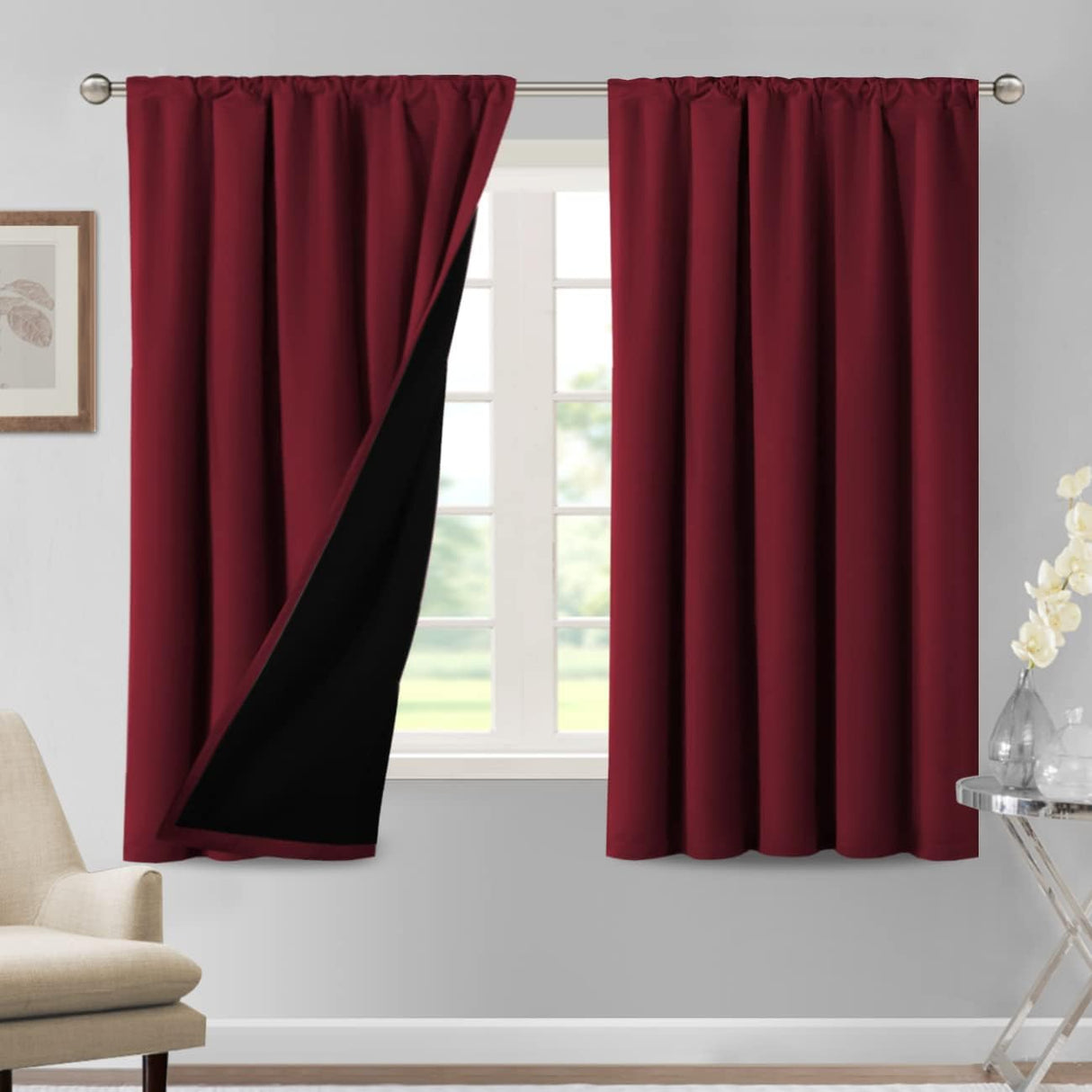 H.VERSAILTEX 100% Blackout Short Curtains for Bedroom Kitchen Privacy Energy Saving Curtain Tiers Set of 2