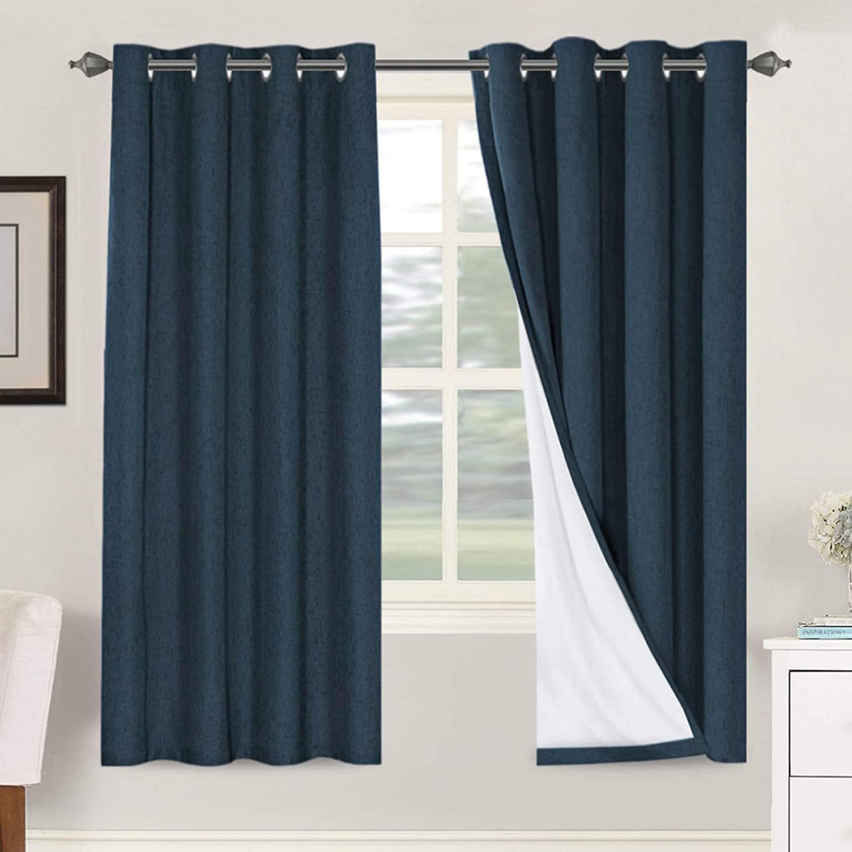 Linen Blackout Thermal Insulated  White Liner Grommet Top Curtains