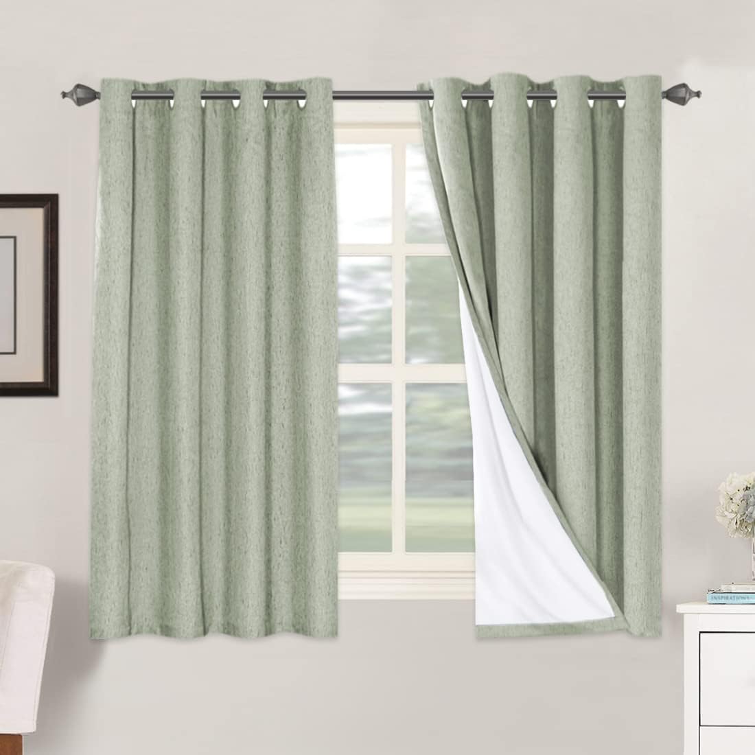 Linen Blackout Thermal Insulated  White Liner Grommet Top Curtains
