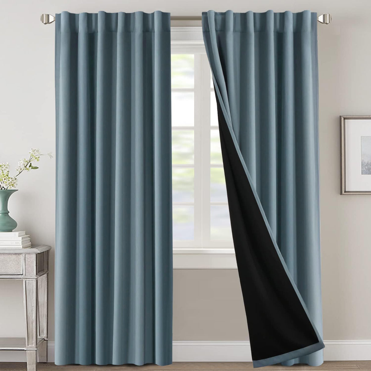 H.VERSAILTEX 100% Blackout Curtains for Bedroom with Black Liner Full Room Darkening Back Tab Rod Pocket 2 Panels
