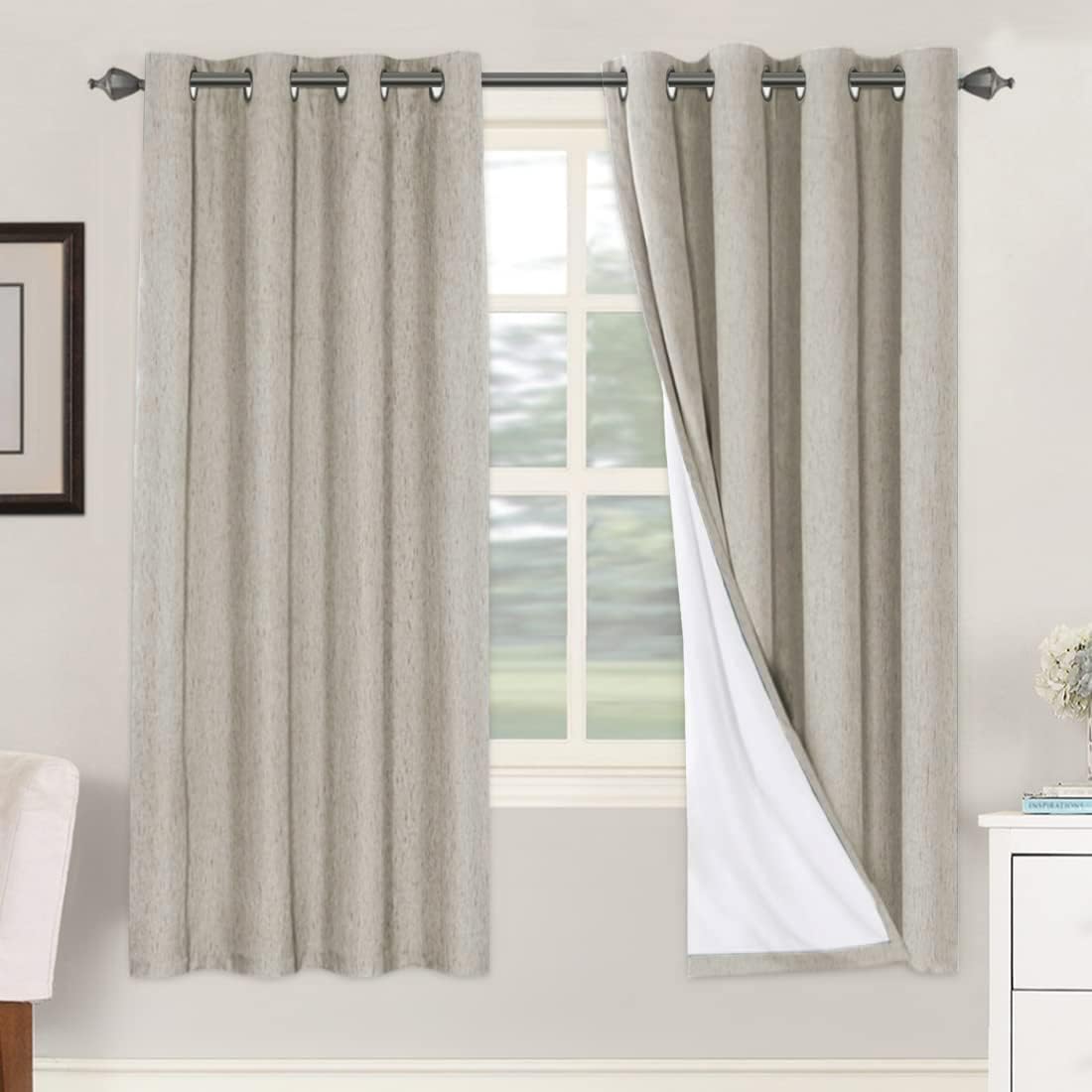 Linen Blackout Thermal Insulated  White Liner Grommet Top Curtains