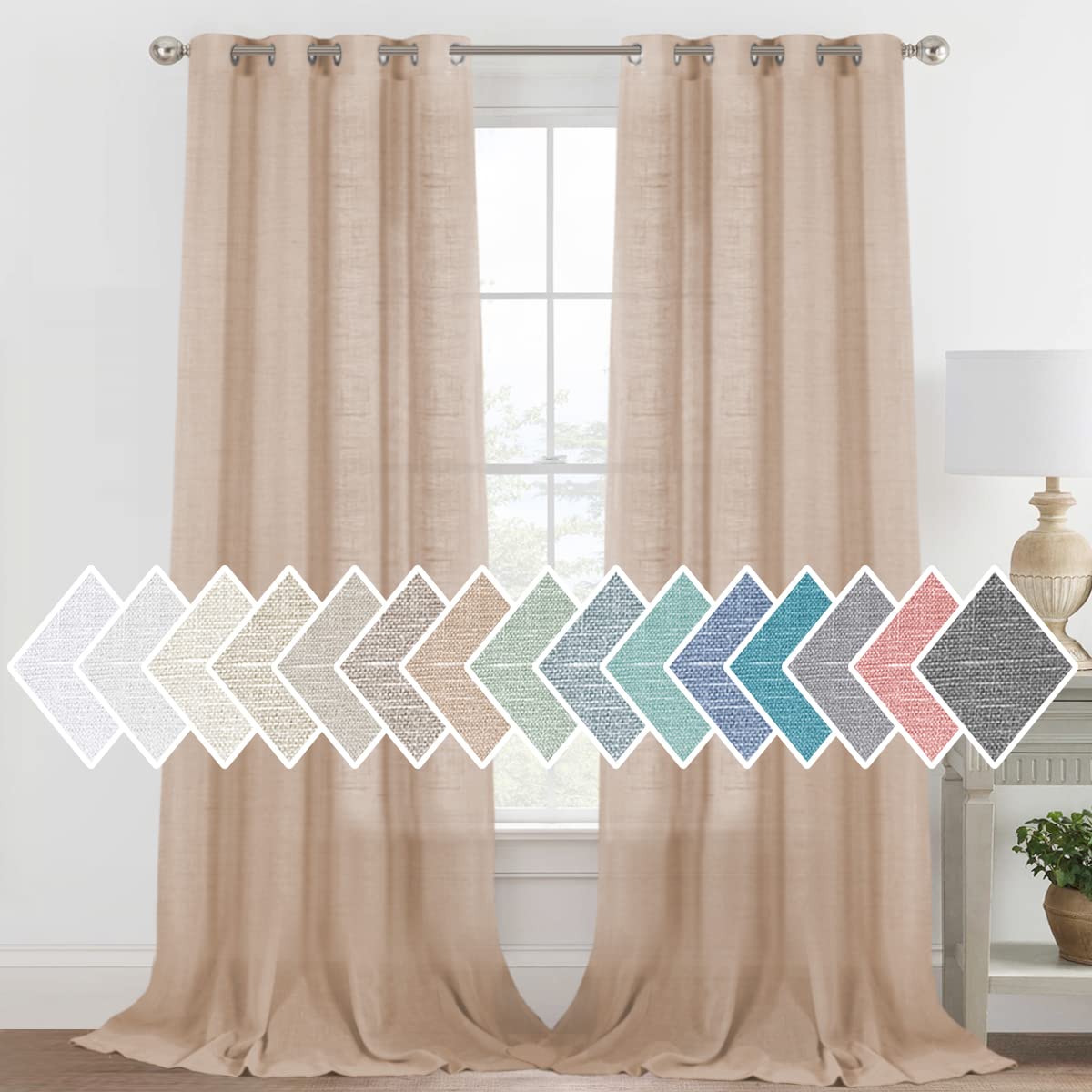 H.VERSAILTEX Linen Sheer Curtains 84 Inch Length Semi Sheer Curtains for Living Room Light Filtering Curtains, 2 Panels (52" W x 84" L, Sea Mist)