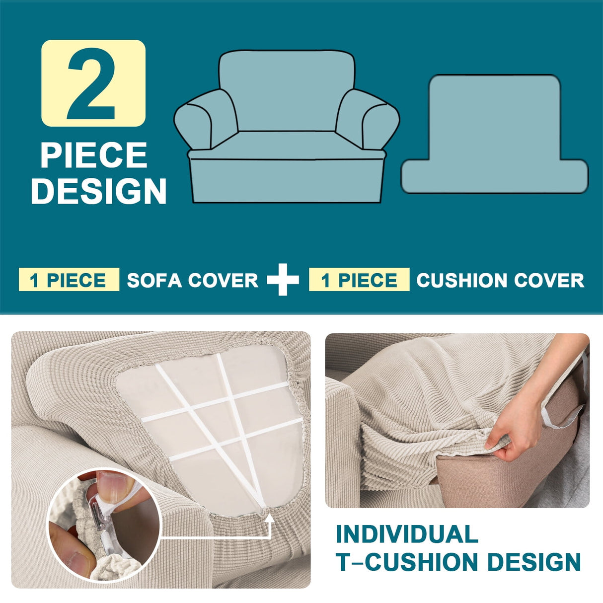 H.VERSAILTEX 2 Pieces Checkerboard Slipcovers Stretch with Individual T Cushion Coverfor Living Room(1 Cushion Armchair, Ivory)