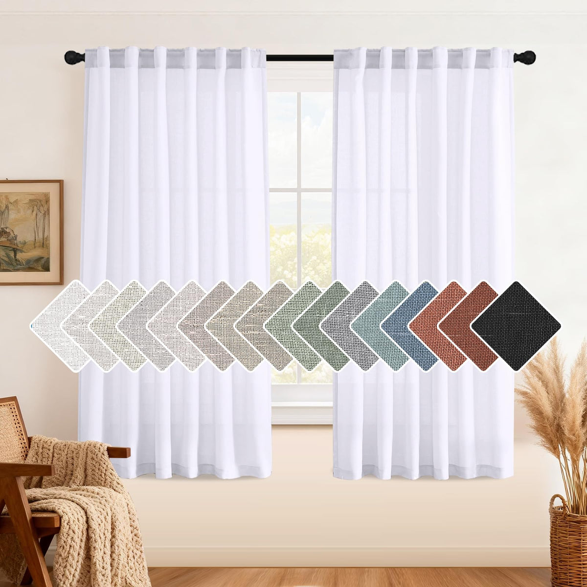 H.VERSAILTEX Natural Linen Curtains 63 inches Long for Living Room 2 Panels Back Tab Loop Pocket Textured Light Filtering Semi Sheer Curtains Rustic Farmhouse Boho Curtain for Bedroom, Sea Grass
